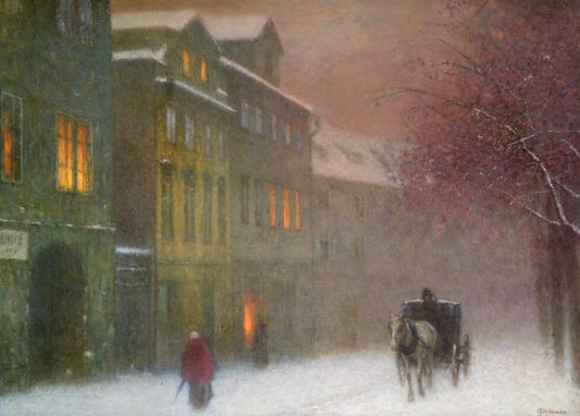 Street with a Cab in the Winter Dusk, vintage artwork by Jakub Schikaneder, 12x8" (A4) Poster