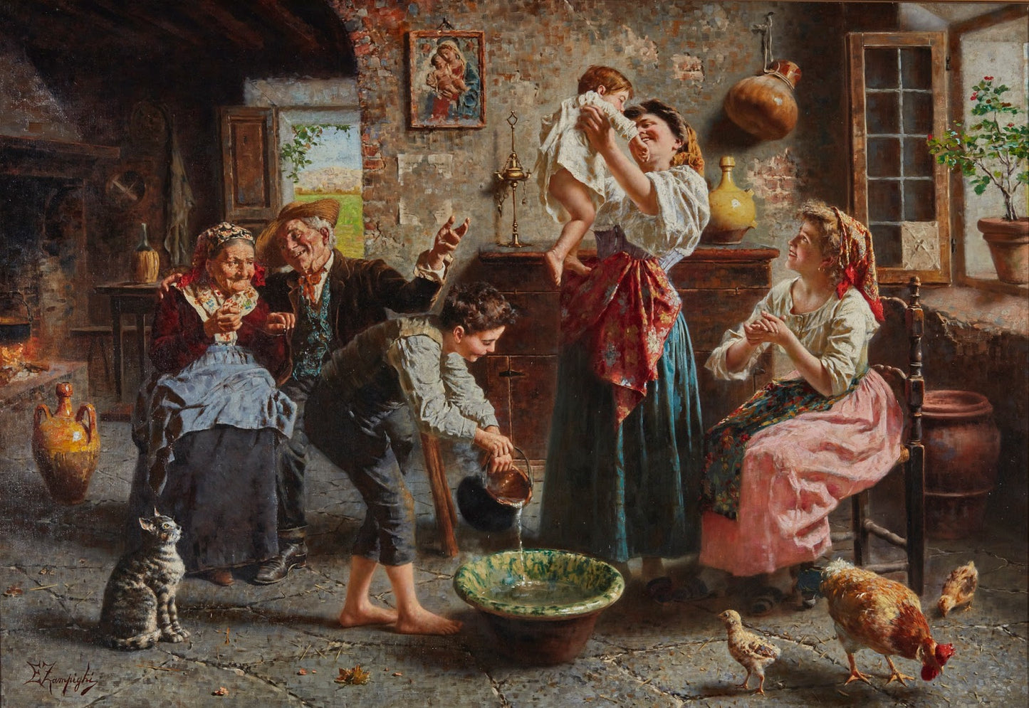 Bathing the Baby by Eugenio Zampighi,A3(16x12")Poster