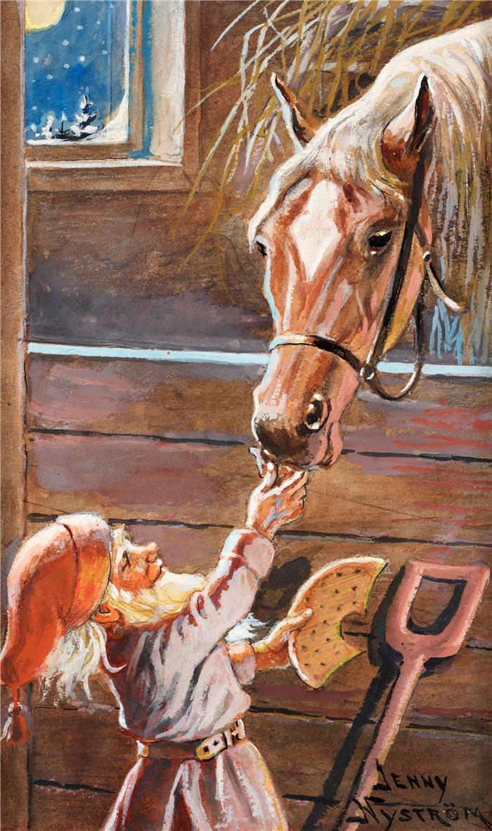 Brownie feeding a horse in a stable, vintage artwork by Jenny Nyström, 12x8" (A4) Poster