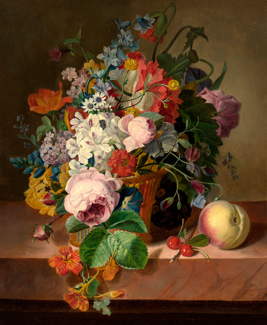Still Life of Flowers in a Basket with a Peach on a Ledge, vintage artwork by Jan Frans van Dael, 12x8" (A4) Poster