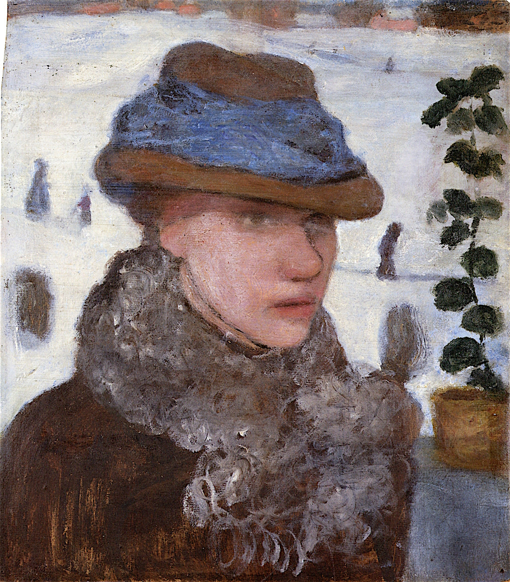 Portrait of Martha Vogeler in front of a Winter Landscape, vintage artwork by Paula Modersohn-Becker, 12x8" (A4) Poster