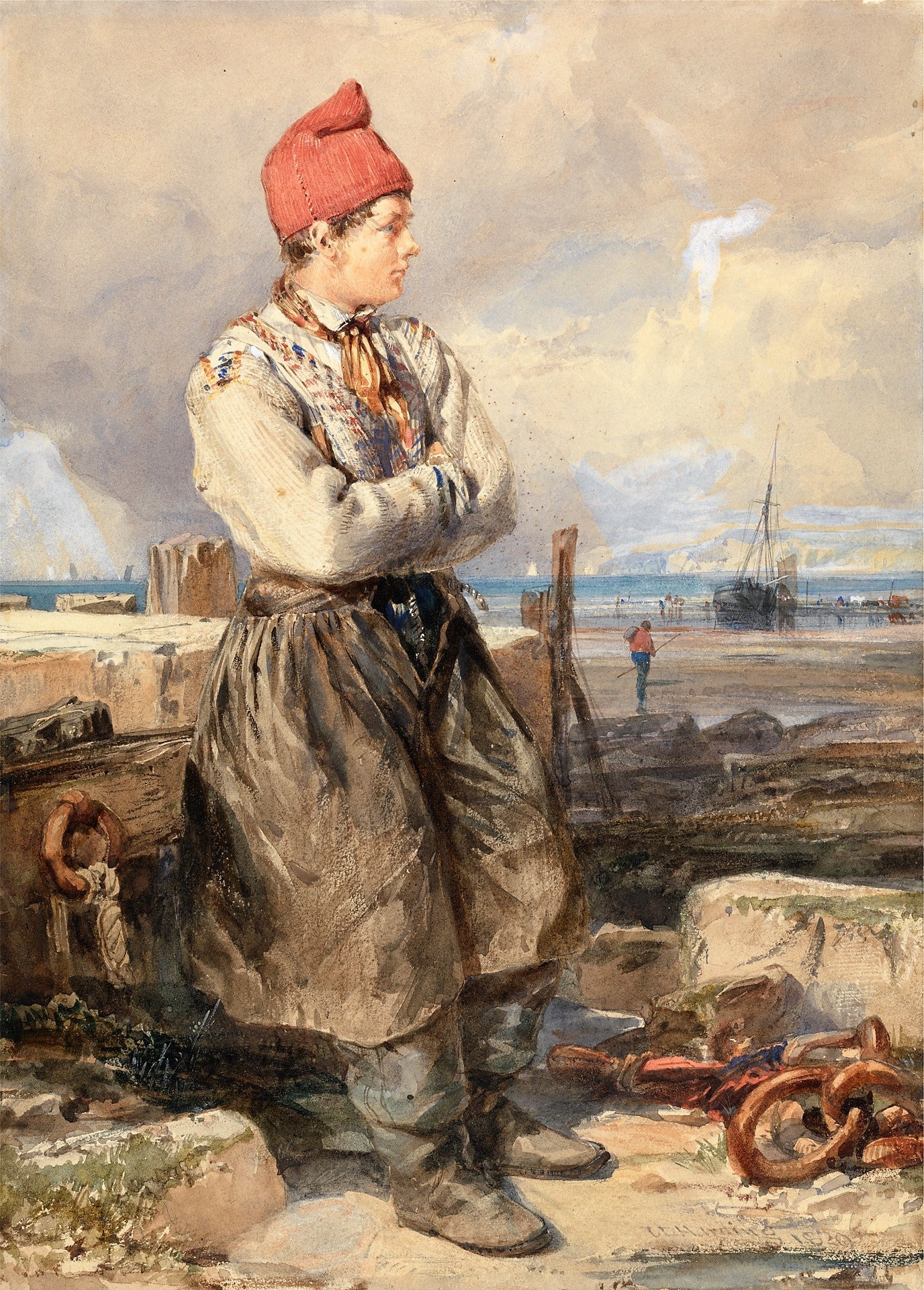 French Coast Scene with Fisherboy, vintage artwork by James Duffield Harding, A3 (16x12") Poster Print