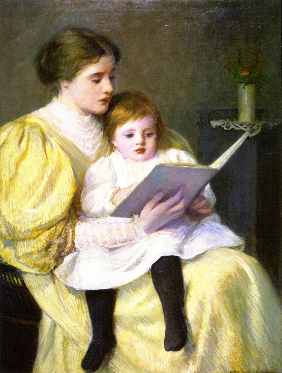 Mother and Child Reading, vintage artwork by Frederick Warren Freer, 12x8" (A4) Poster