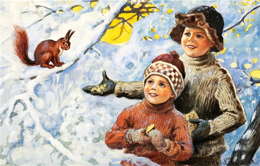 Boys Feeding Squirrel, vintage artwork by Jenny Nyström, 12x8" (A4) Poster