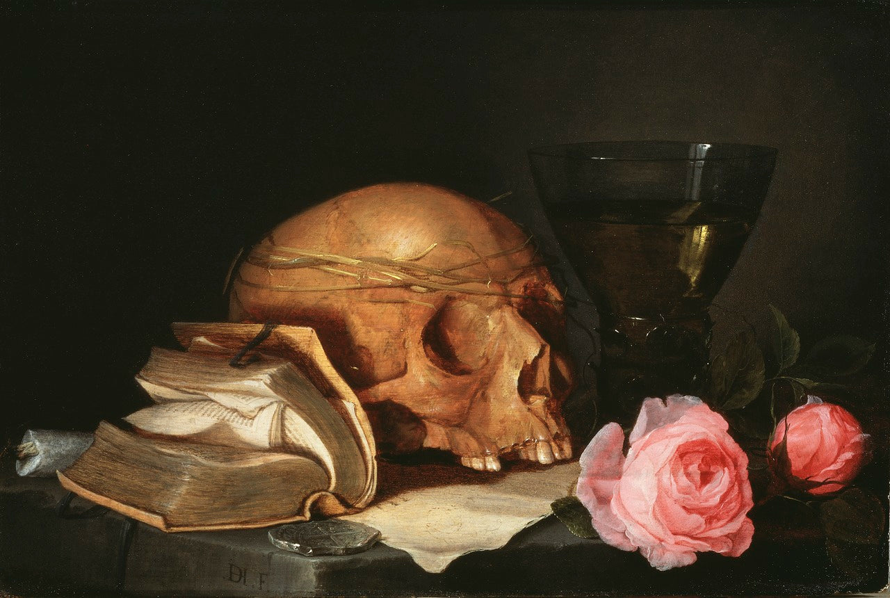 A Vanitas Still-Life with a Skull, a Book and Roses, vintage artwork by Jan Davidsz. de Heem, 12x8" (A4) Poster