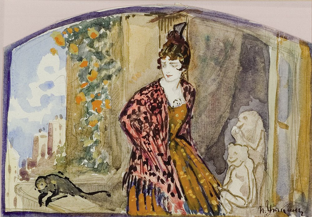 Lady on a Balcony with a Monkey, vintage artwork by Petr Utkin, 12x8" (A4) Poster