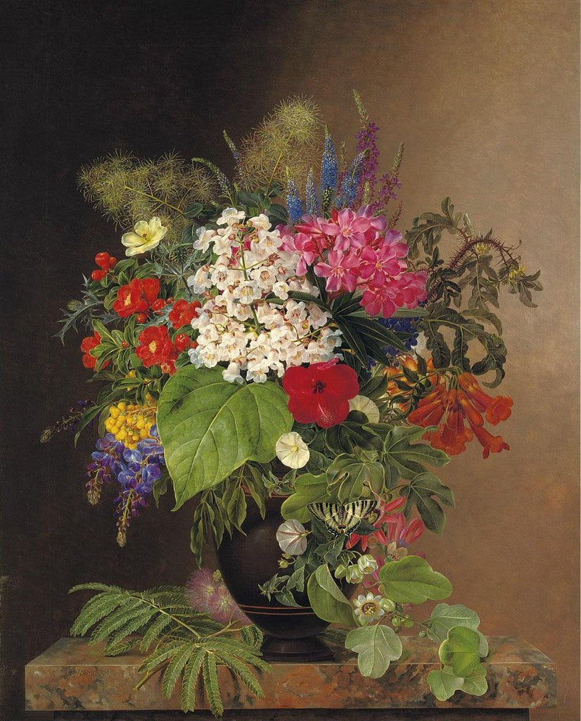 Convulvulus, Lupins, Speedwell and Fuschia in a Vase, vintage artwork by Johan Laurentz (J.L.) Jensen, A3 (16x12") Poster Print