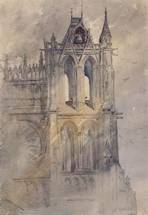 Southwest Tower, Amiens Cathedral, vintage artwork by Cass Gilbert, 12x8" (A4) Poster