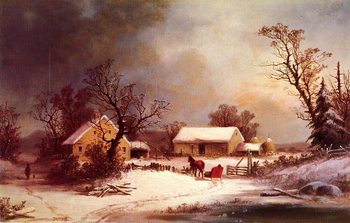 Winter-time on the Farm, vintage artwork by George Henry Durrie, A3 (16x12") Poster Print