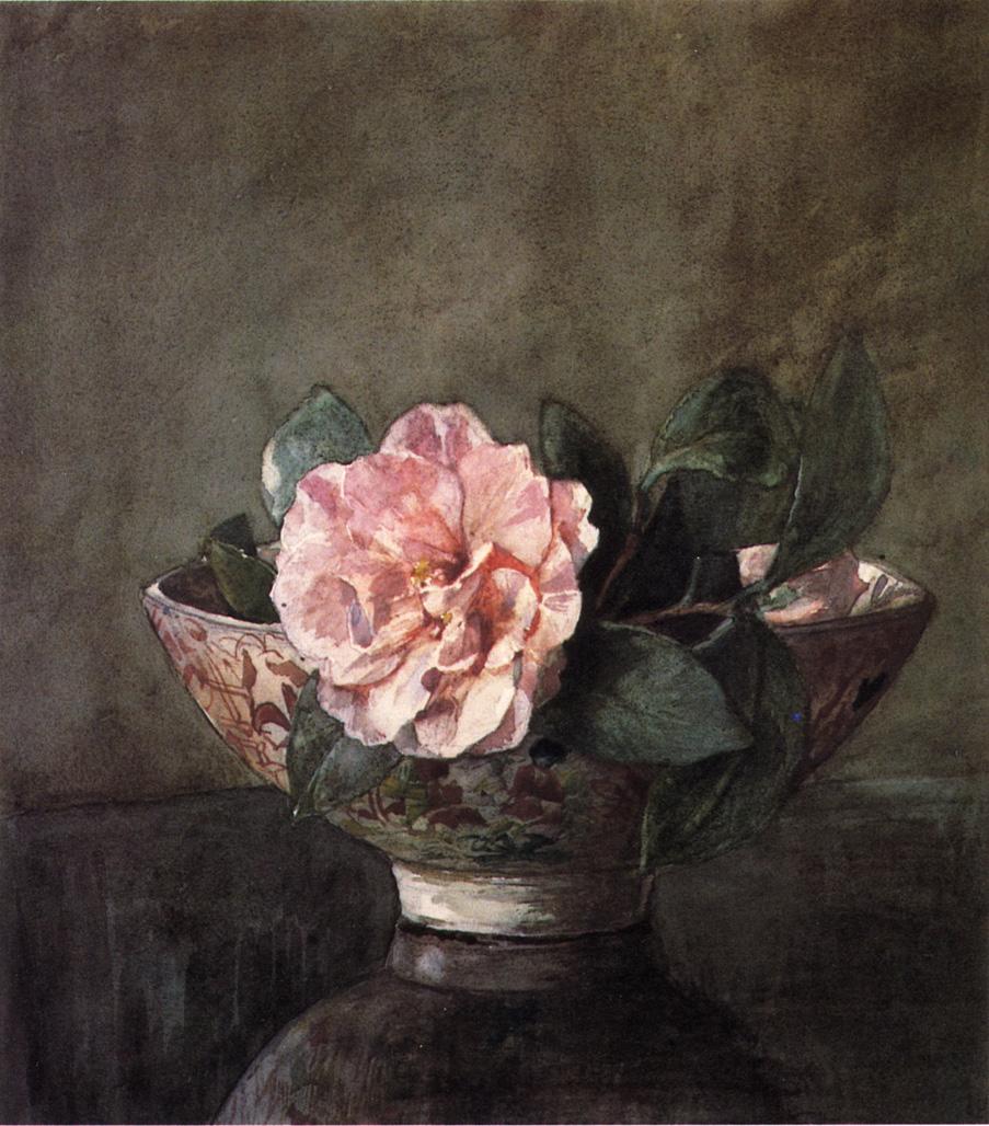 Camellia in Old Chinese Vase on Black Lacquer Table, vintage artwork by John La Farge, 12x8" (A4) Poster