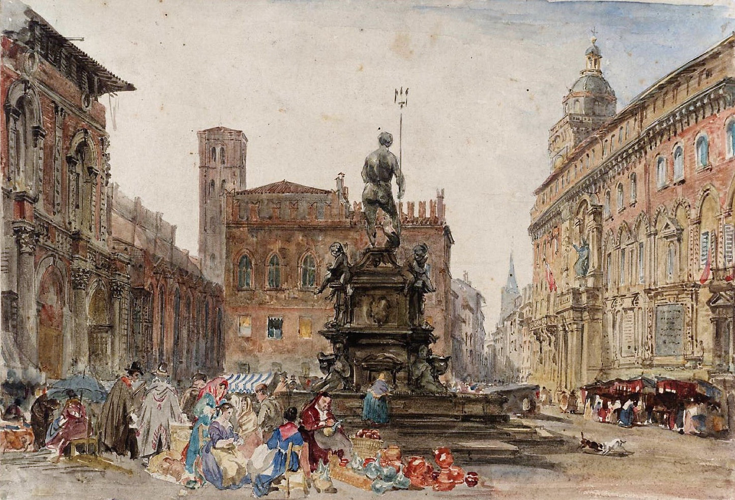 Piazza Nettuno, Bologna, vintage artwork by William Parrott, A3 (16x12") Poster Print