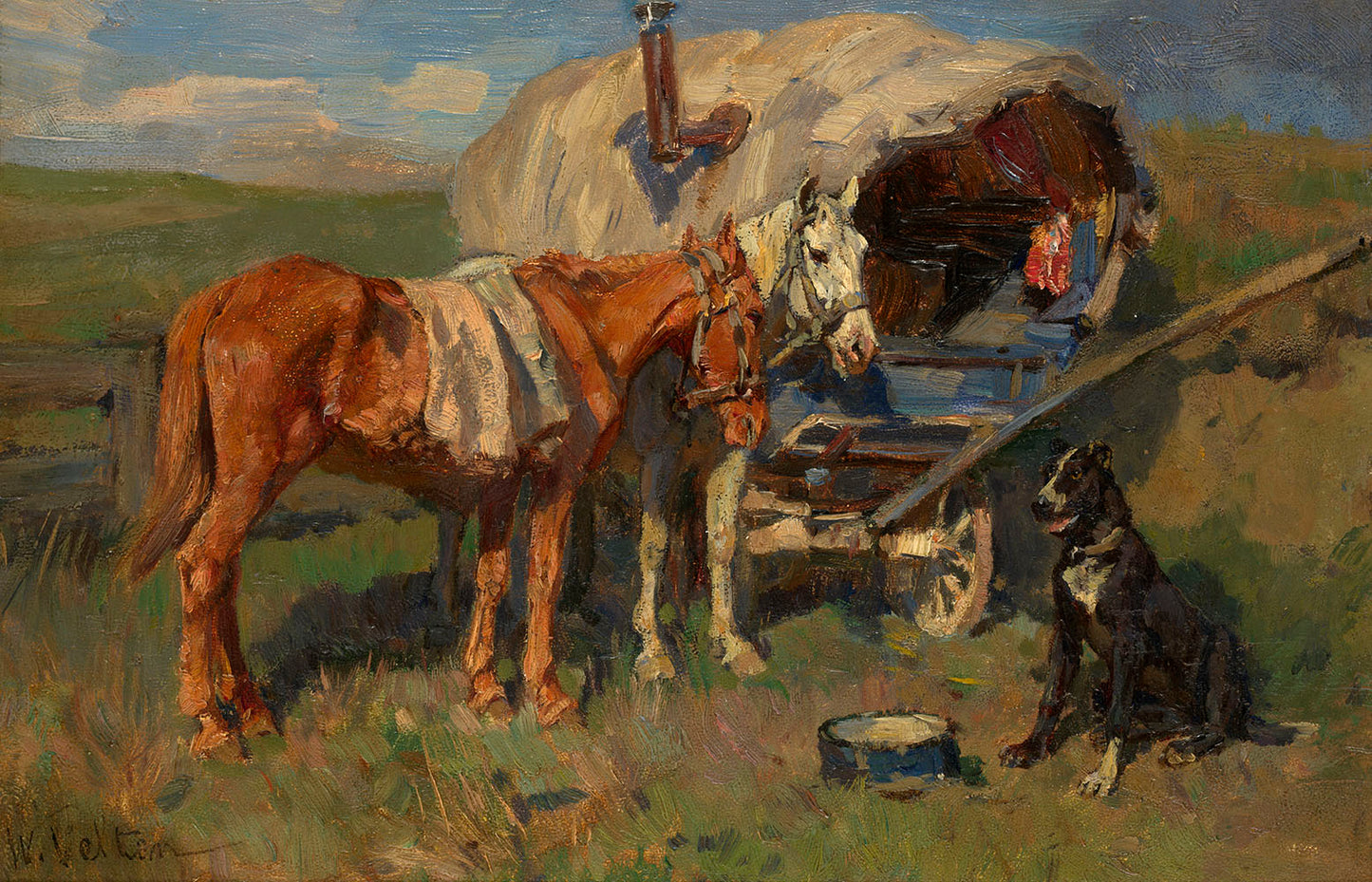 Caravan Company at Rest, vintage artwork by Wilhеlm Vеltеn, 12x8" (A4) Poster