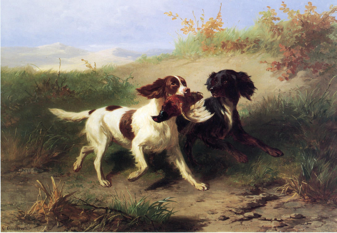 Two Spaniels in a Landscape, vintage artwork by Condradyn Cunaeus, 12x8" (A4) Poster