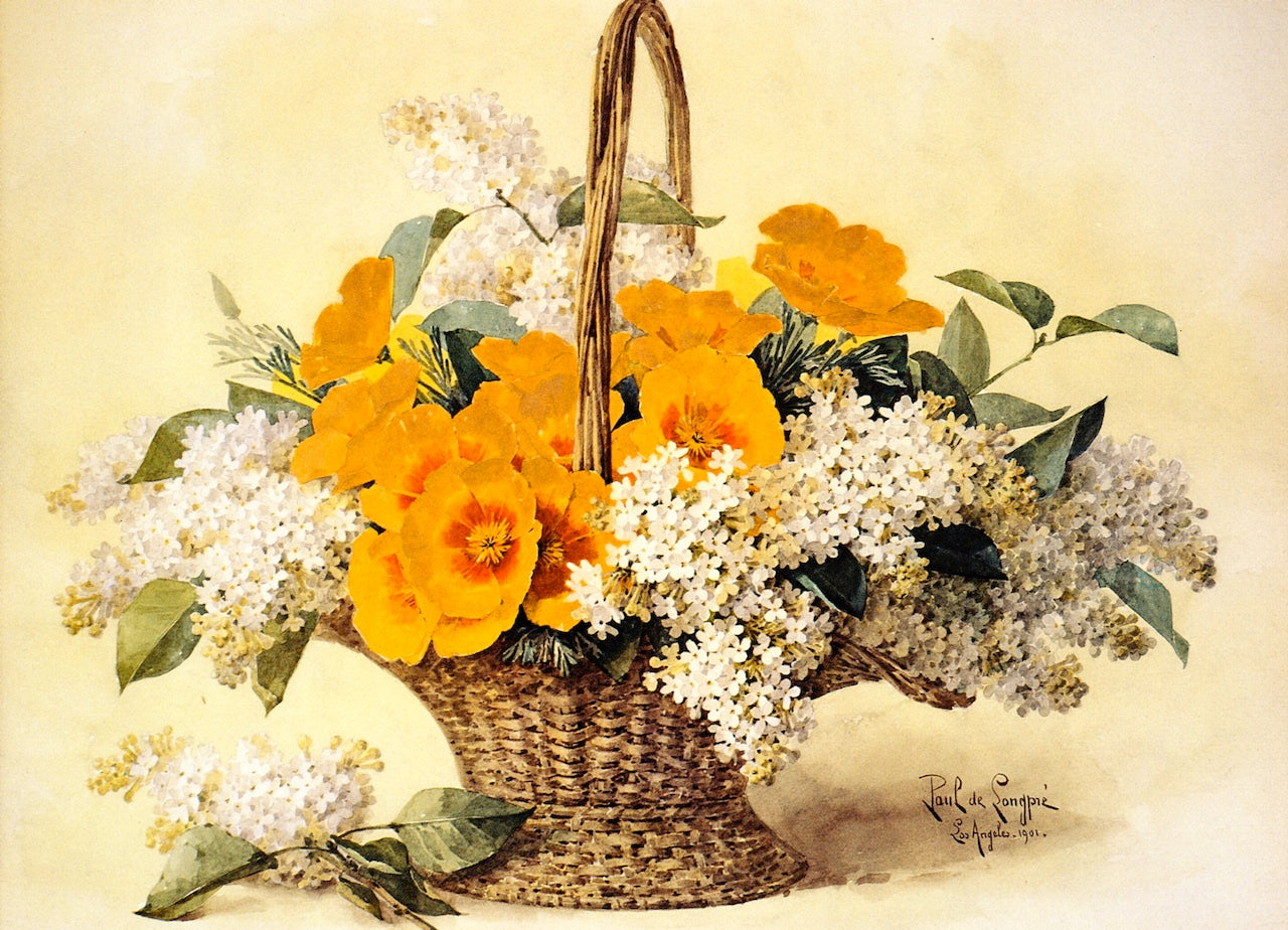 Poppies and Lilac, vintage artwork by Raoul de Longpre, 12x8" (A4) Poster