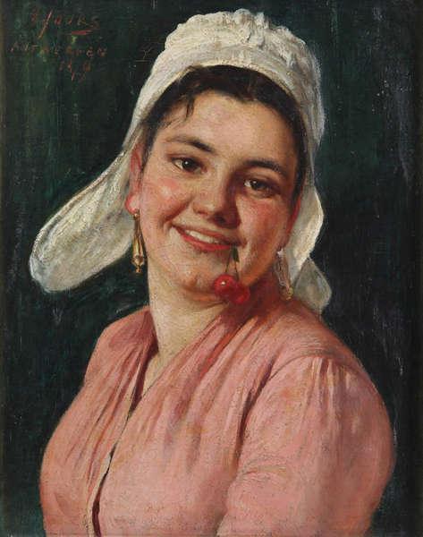 Girl with Cherry, vintage artwork by Eugène Joors, 12x8" (A4) Poster