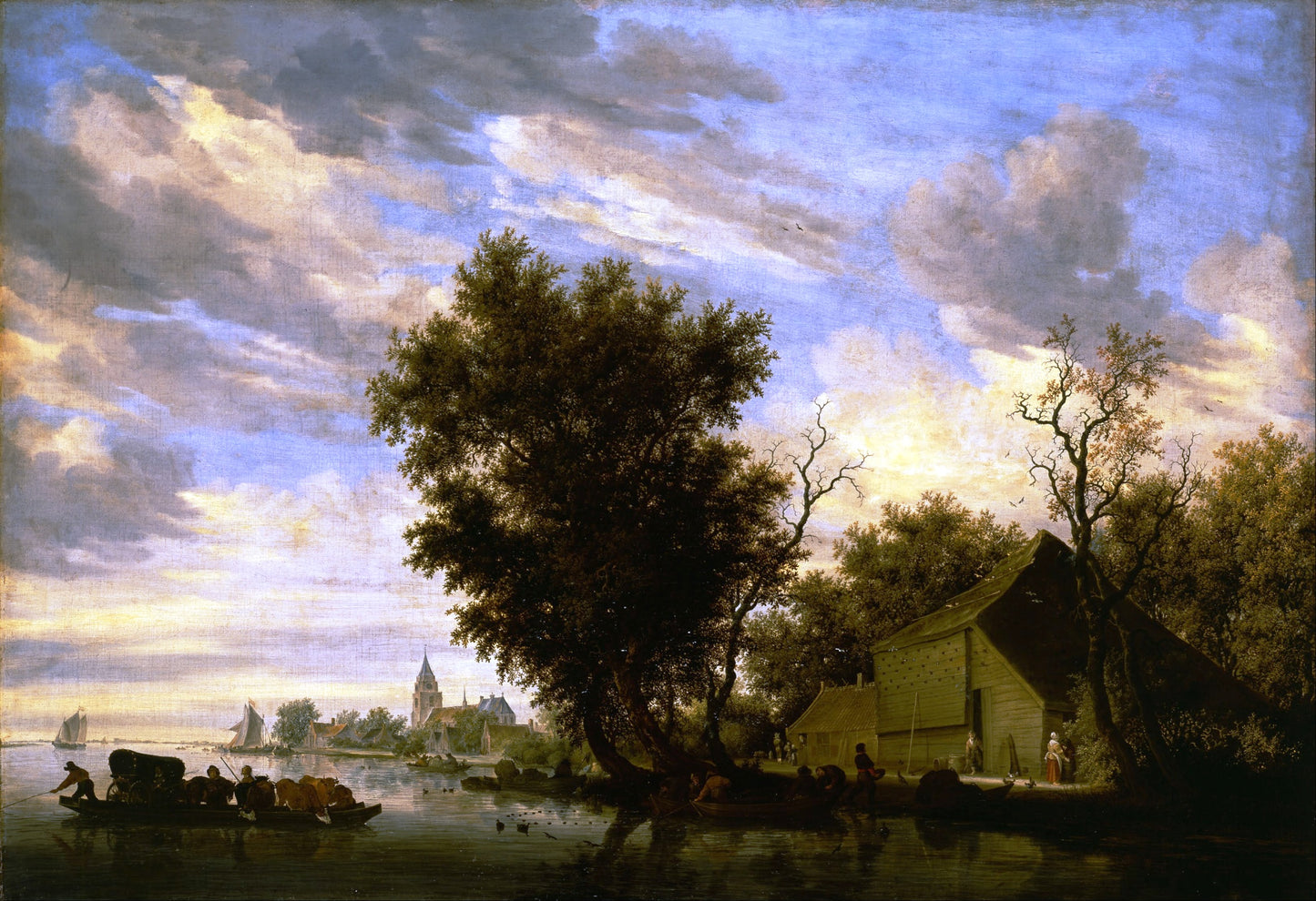 River Scene with Ferry Boat, vintage artwork by Salomon van Ruysdael, 12x8" (A4) Poster