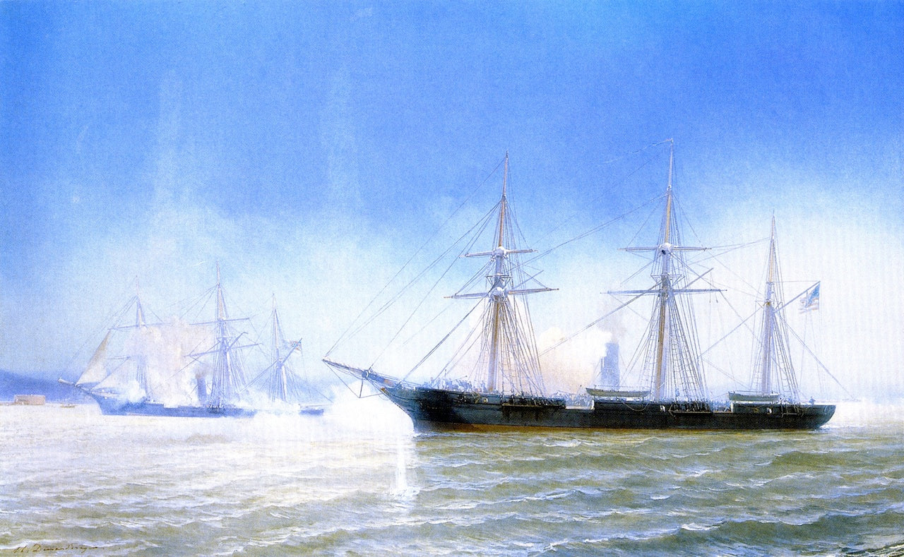 The Confederate Raider Alabama in Action with the U.S.S. Kearsarge, June 19, 1864, vintage artwork by Jean-Baptiste-Henri Durand-Brager, A3 (16x12") Poster Print