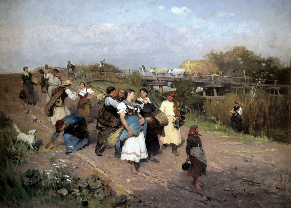 Harvesters On Their Way Home, vintage artwork by Lajos Ébner, 12x8" (A4) Poster