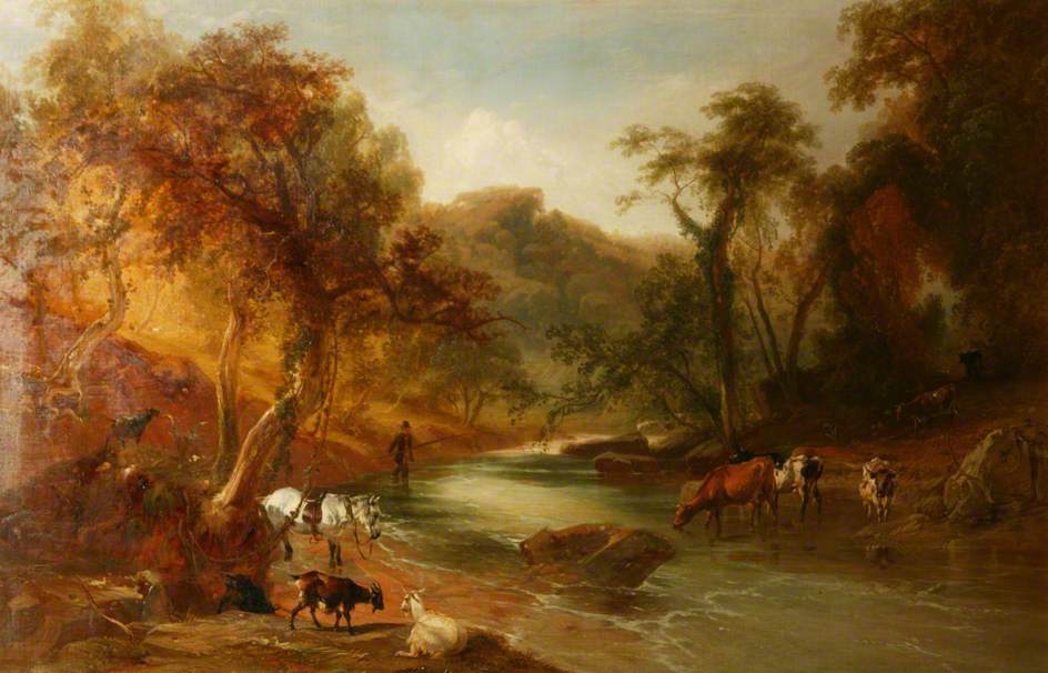 Cattle Crossing a Stream and a Man Fishing, vintage artwork by Thomas Sidney Cooper, A3 (16x12") Poster Print