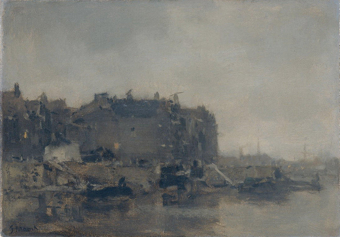 Huizen aan de Prins Hendrikkade te Amsterdam op een mistige dag, vintage artwork by Jacob Maris, 12x8" (A4) Poster