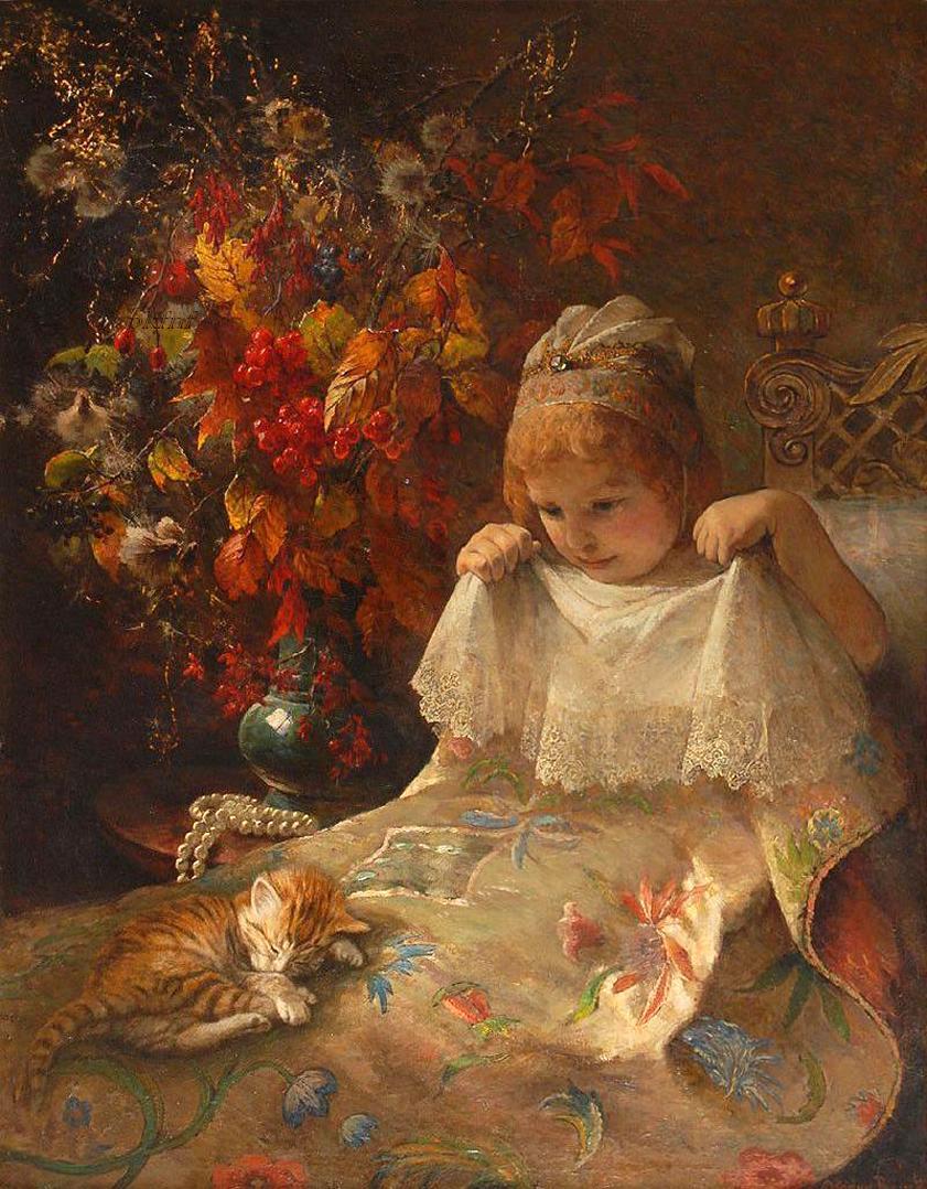 Girl with cat in bed, vintage artwork by Jeanna Bauck, 12x8" (A4) Poster
