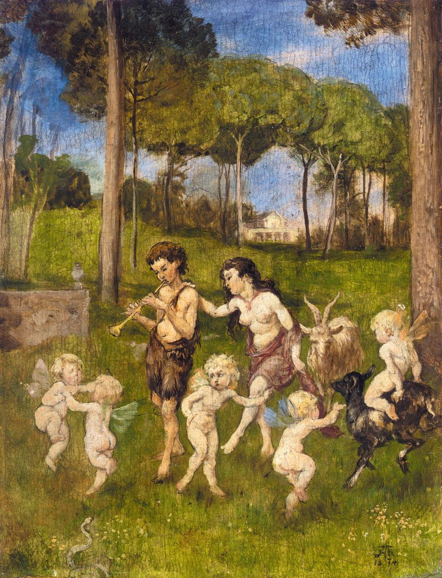 Children and cherubs dancing, vintage artwork by Hans Thoma, 12x8" (A4) Poster