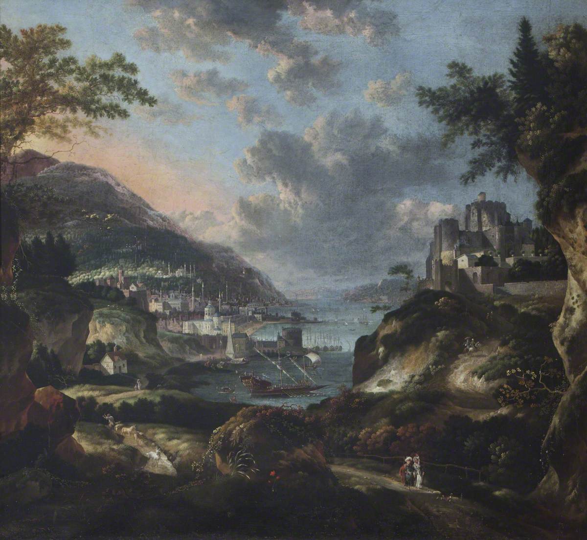 An Imaginary Eastern Port with Figures and Animals, with Dover Castle, vintage artwork by Jan Griffier, 12x8" (A4) Poster