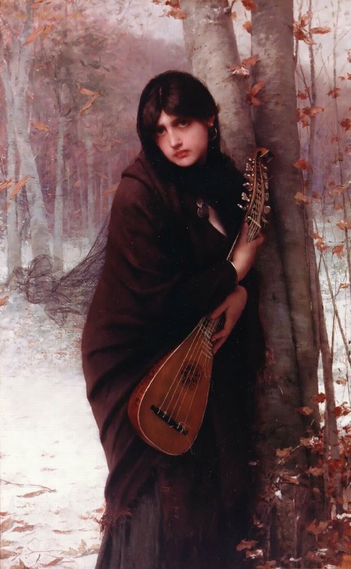 Girl with a Mandolin, vintage artwork by Jules Joseph Lefebvre, 12x8" (A4) Poster