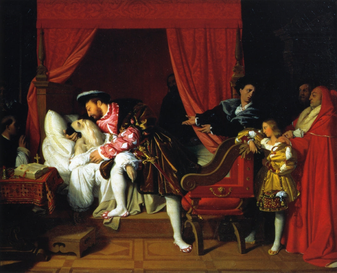 The Death of Leonardi da Vinci, vintage artwork by Jean-Auguste-Dominique Ingres, 12x8" (A4) Poster