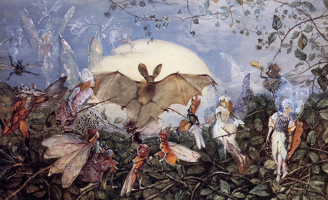 Fairy Hordes Attacking a Bat, vintage artwork by John Anster Christian Fitzgerald, A3 (16x12") Poster Print