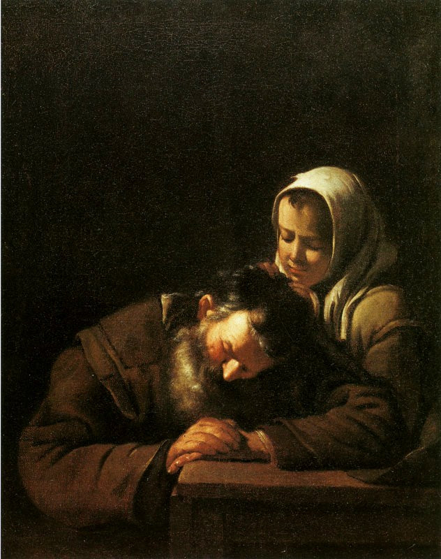 Sleeping Old Man with a Girl, vintage artwork by Michiel Sweerts, 12x8" (A4) Poster