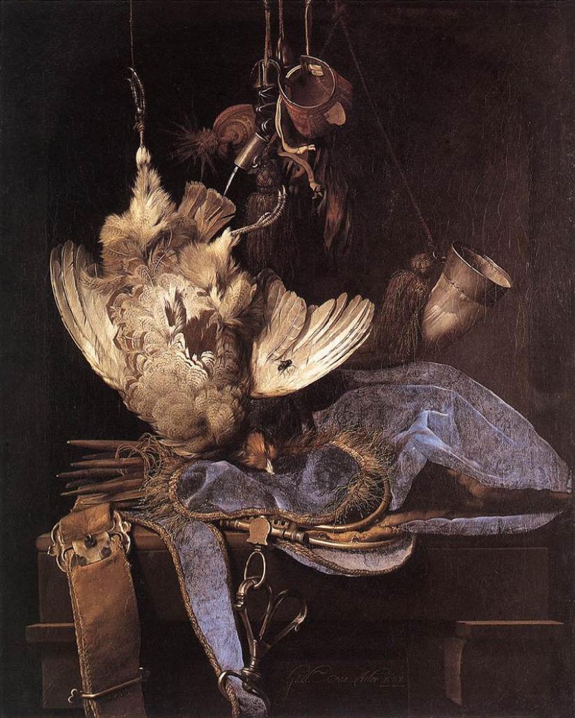 Still life with hunting equipment and dead birds, vintage artwork by Willem van Aelst, 12x8" (A4) Poster