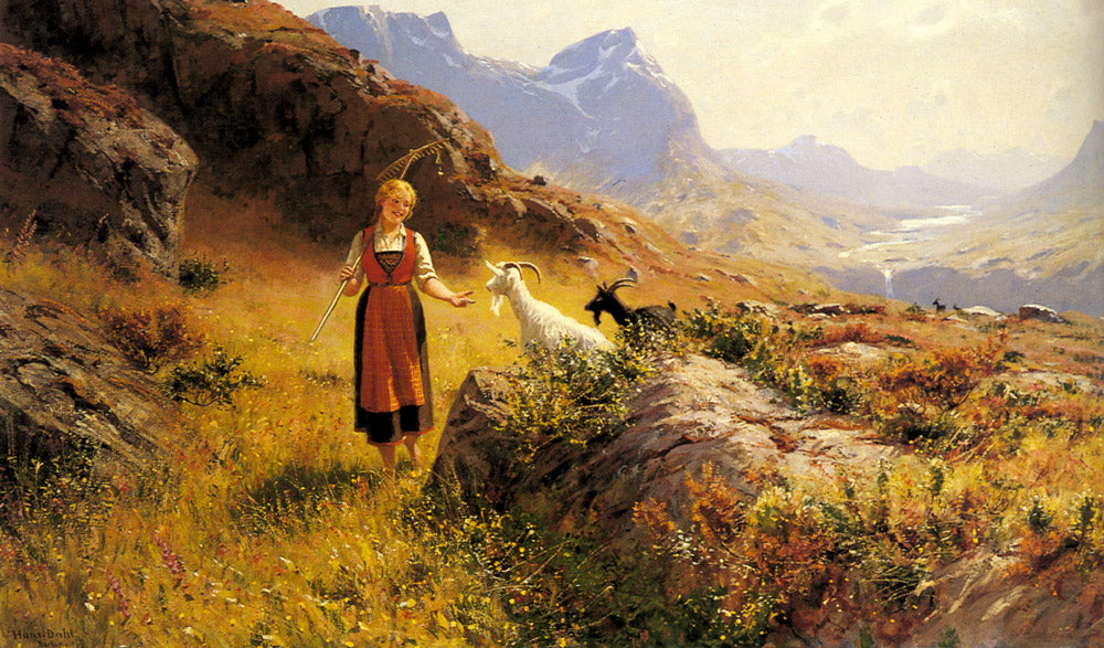 An Alpine Landscapewith a Shepherdess and Goats, vintage artwork by Hans Dahl, 12x8" (A4) Poster