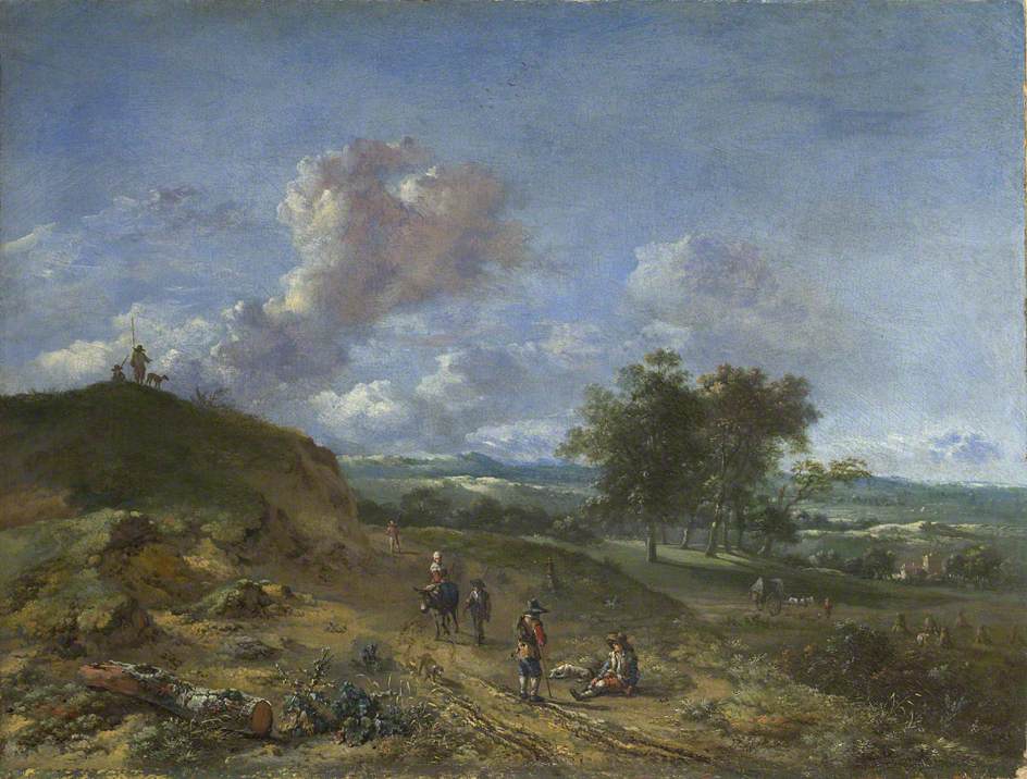 Landscape with a High Dune and Peasants on a Road, vintage artwork by Jan Wijnants, 12x8" (A4) Poster