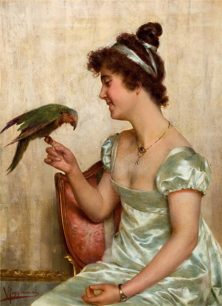 Lady with a Parrot by Vittorio Reggianini,A3(16x12")Poster