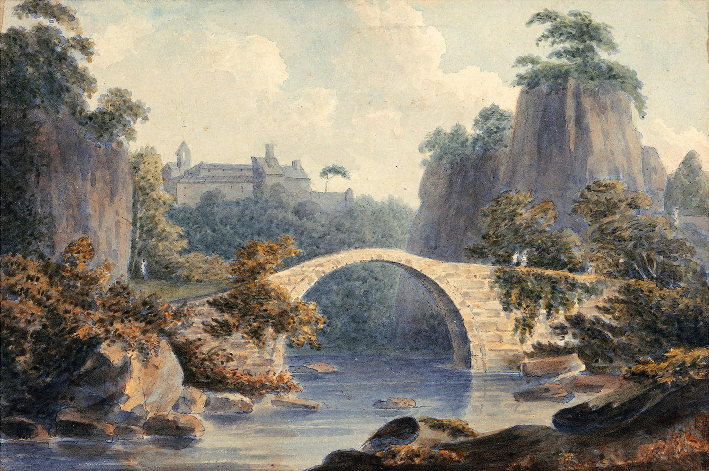 River Landscape with a Single Arched Bridge, vintage artwork by John Warwick Smith, 12x8" (A4) Poster