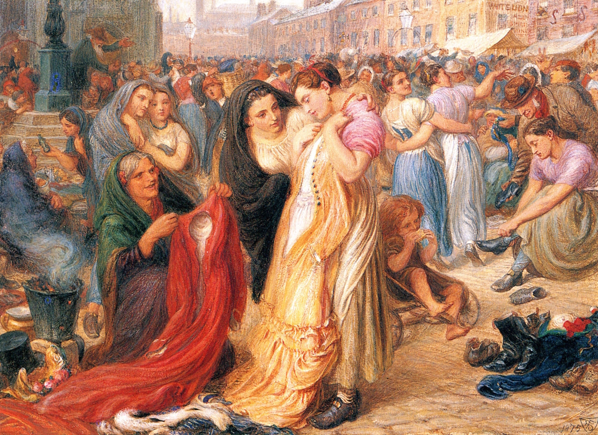 Factory Girls at the Old Clothes Fair, Knott Mill, Manchester, vintage artwork by Frederick James Shields, 12x8" (A4) Poster