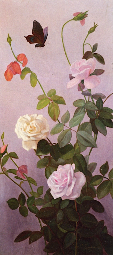 Still Life of Roses and Butterfly, vintage artwork by George Cochran Lambdin, 12x8" (A4) Poster