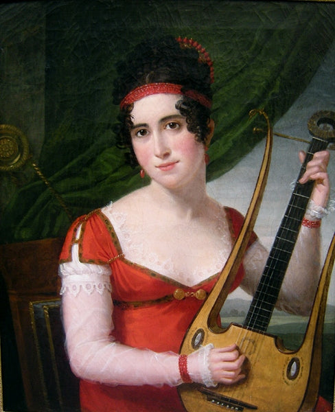 Portrait of a lady with lyre guitar, vintage artwork by Robert Lefèvre, 12x8" (A4) Poster