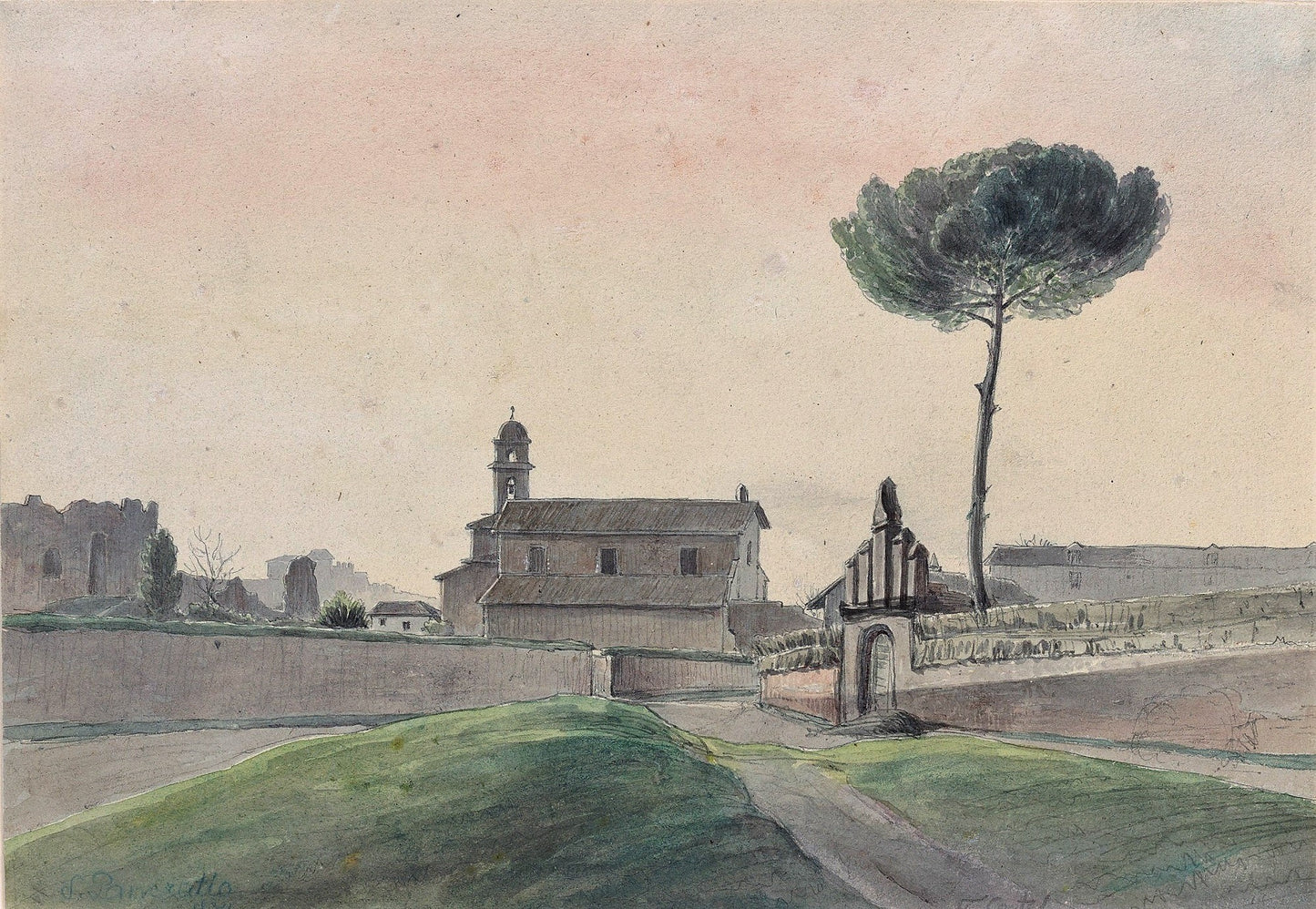View of the Church of San Pancrazio, Rome, from the South, vintage artwork by Franz Ludwig Catel, 12x8" (A4) Poster