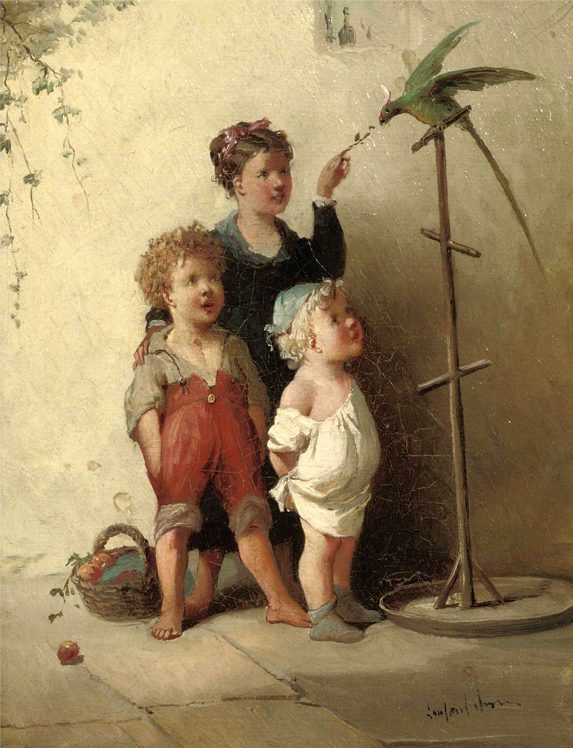 Playing with the Parrot in the Courtyard, vintage artwork by Francois-Louis Lanfant de Metz, A3 (16x12") Poster Print