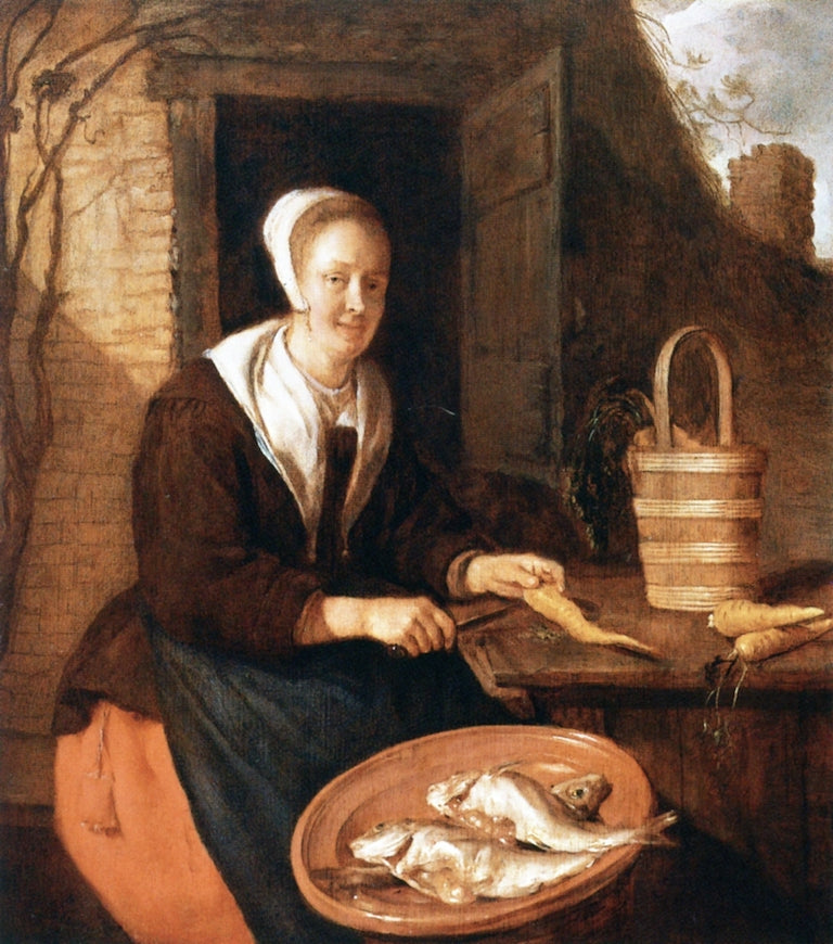 A Woman Cleaning Carrots, vintage artwork by Gabriël Metsu, 12x8" (A4) Poster