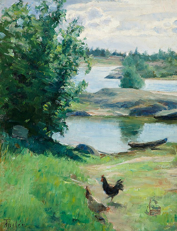 Rooster and Chicken, vintage artwork by Ada Thilen, 12x8" (A4) Poster