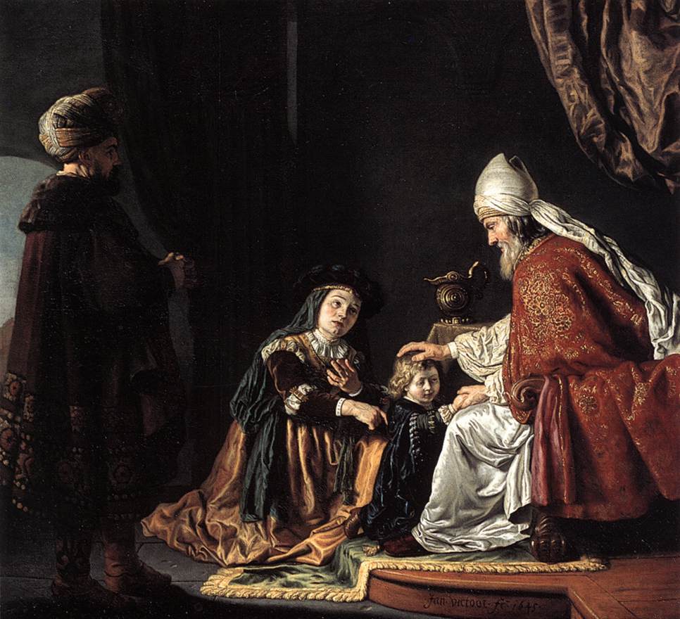 Hannah Giving Her Son Samuel to the Priest, vintage artwork by Jan Victors, 12x8" (A4) Poster