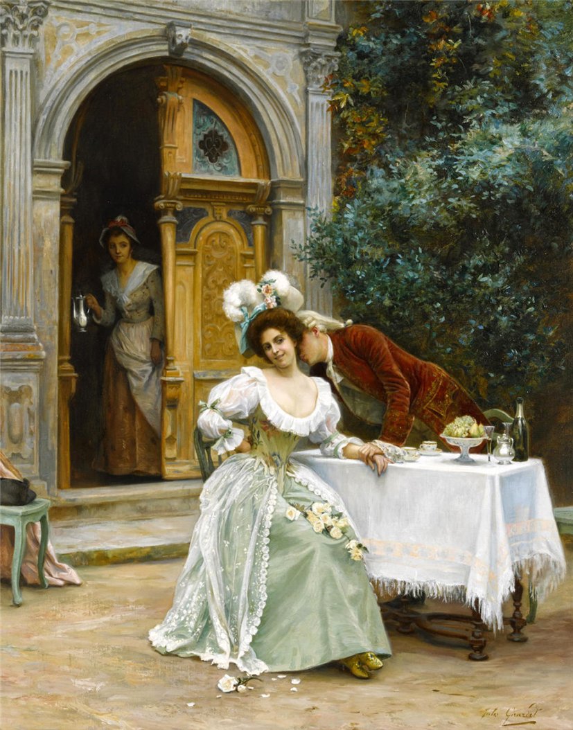 A garden flirtation, vintage artwork by Jules Girardet, 12x8" (A4) Poster