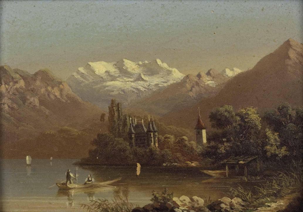 Schloss Schadau und Kirche von Scherzlingen am Thunersee, vintage artwork by Hubert Sattler, A3 (16x12") Poster Print