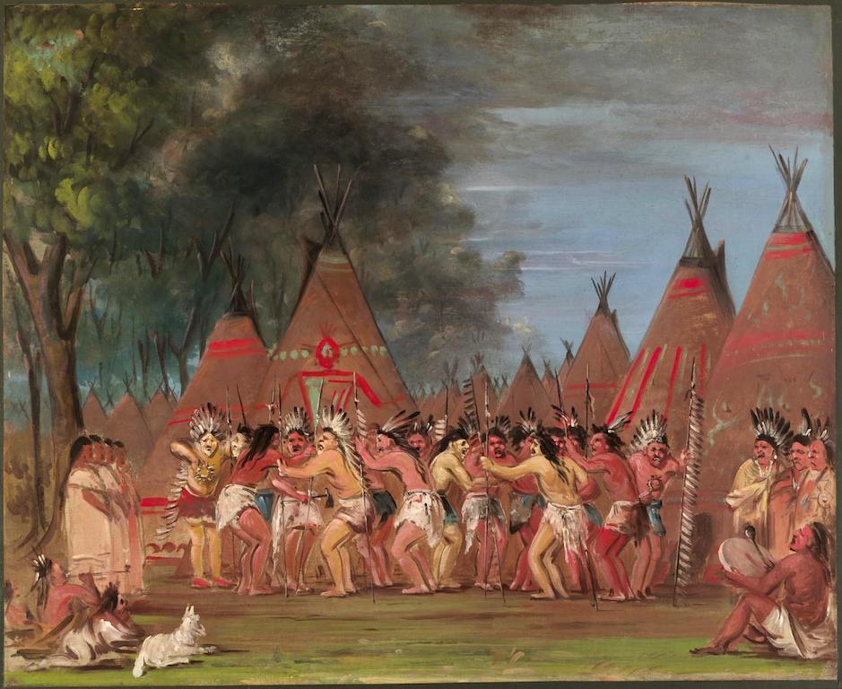 Dance of the Chiefs, Mouth of the Teton River, vintage artwork by George Catlin, A3 (16x12") Poster Print