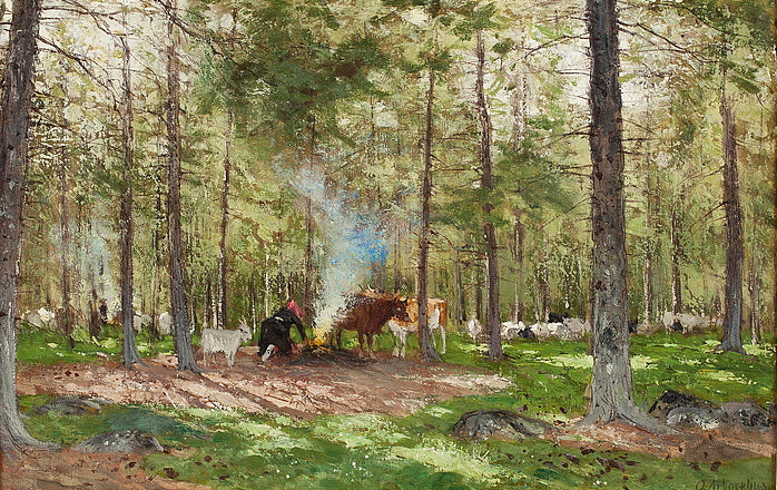 Landscape with a Woman and Cow, vintage artwork by Olof Arborelius, 12x8" (A4) Poster