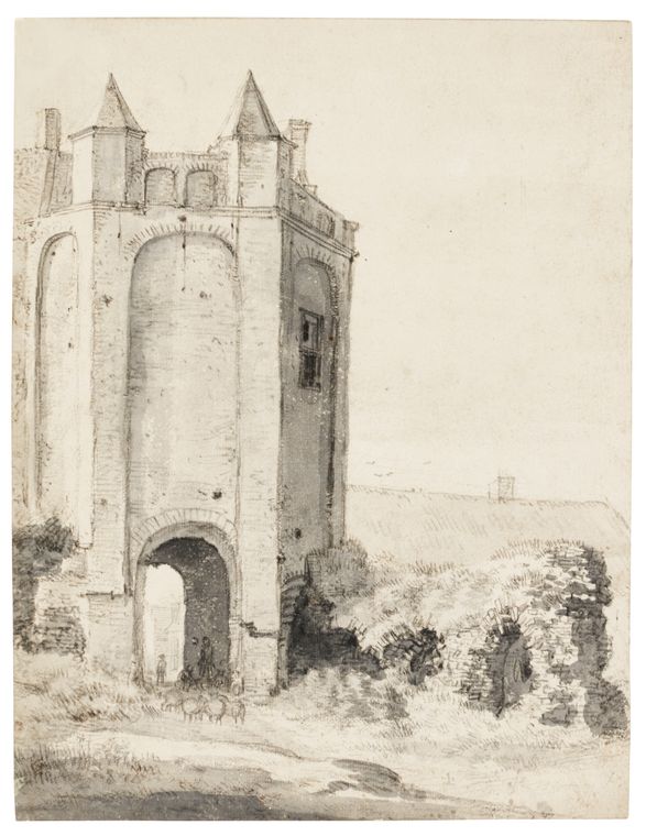 The north toll-gate at Geervliet, in South Holland, with figures driving sheep, vintage artwork by Roelant Roghman, 12x8" (A4) Poster