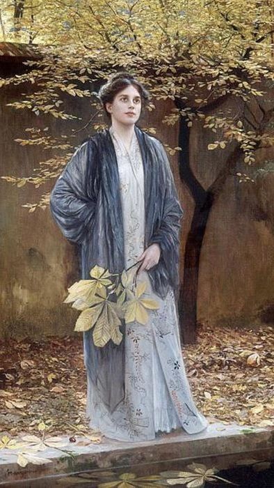 A Lady in Blue by a Chestnut Tree, vintage artwork by Max Nonnenbruch, 12x8" (A4) Poster